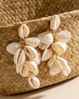Woven basket with shell decorations on a neutral background