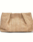Beige woven clutch bag on a white background