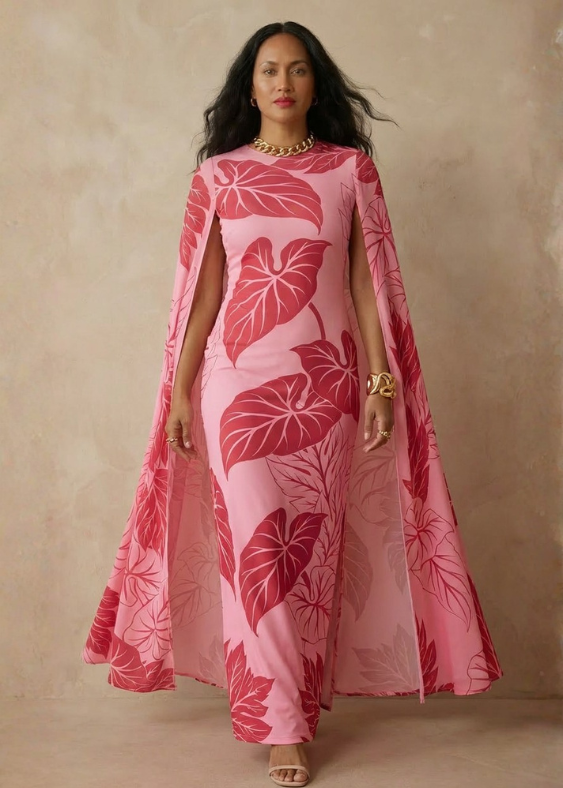 Woman wearing a pink dress with leaf pattern against a beige background