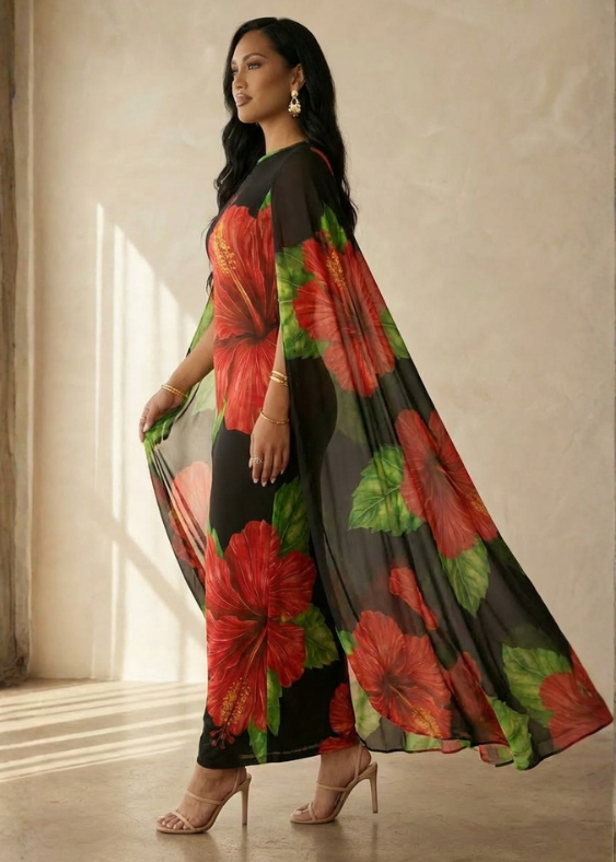 Woman wearing a floral dress with red and green flowers on a neutral background