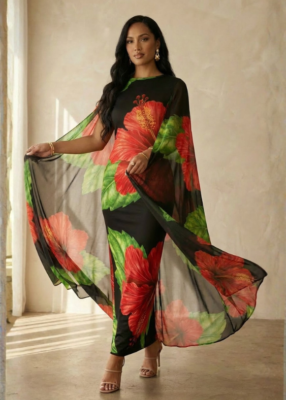 Woman wearing a floral dress with a sheer overlay in a neutral setting