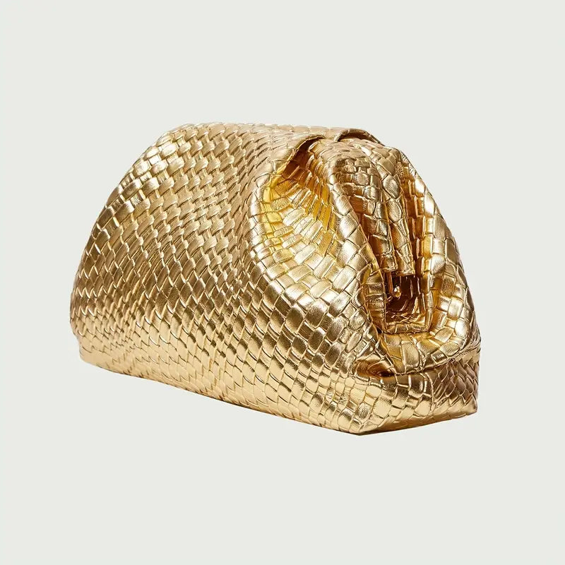 Gold textured handbag on a light gray background