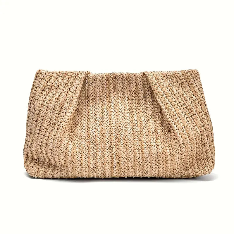Beige woven clutch bag on a white background