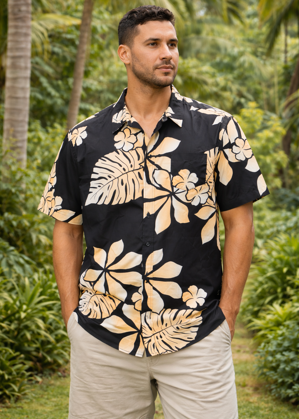 Man wearing a black and beige floral shirt in a tropical setting