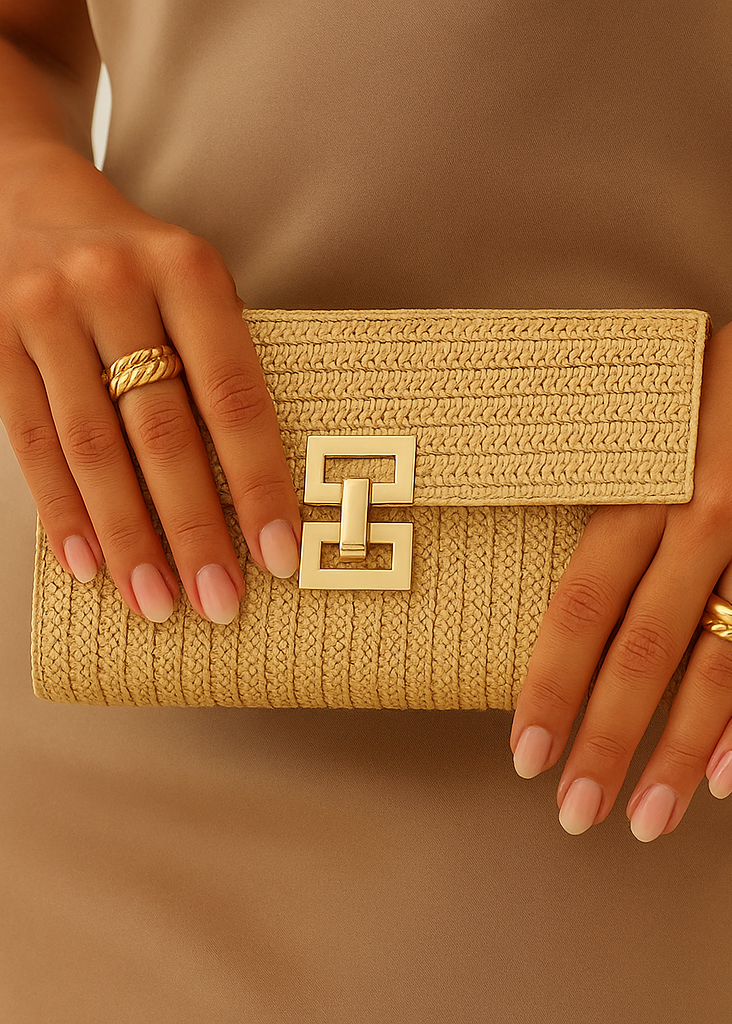 Person holding a gold clutch with a decorative clasp against a neutral background