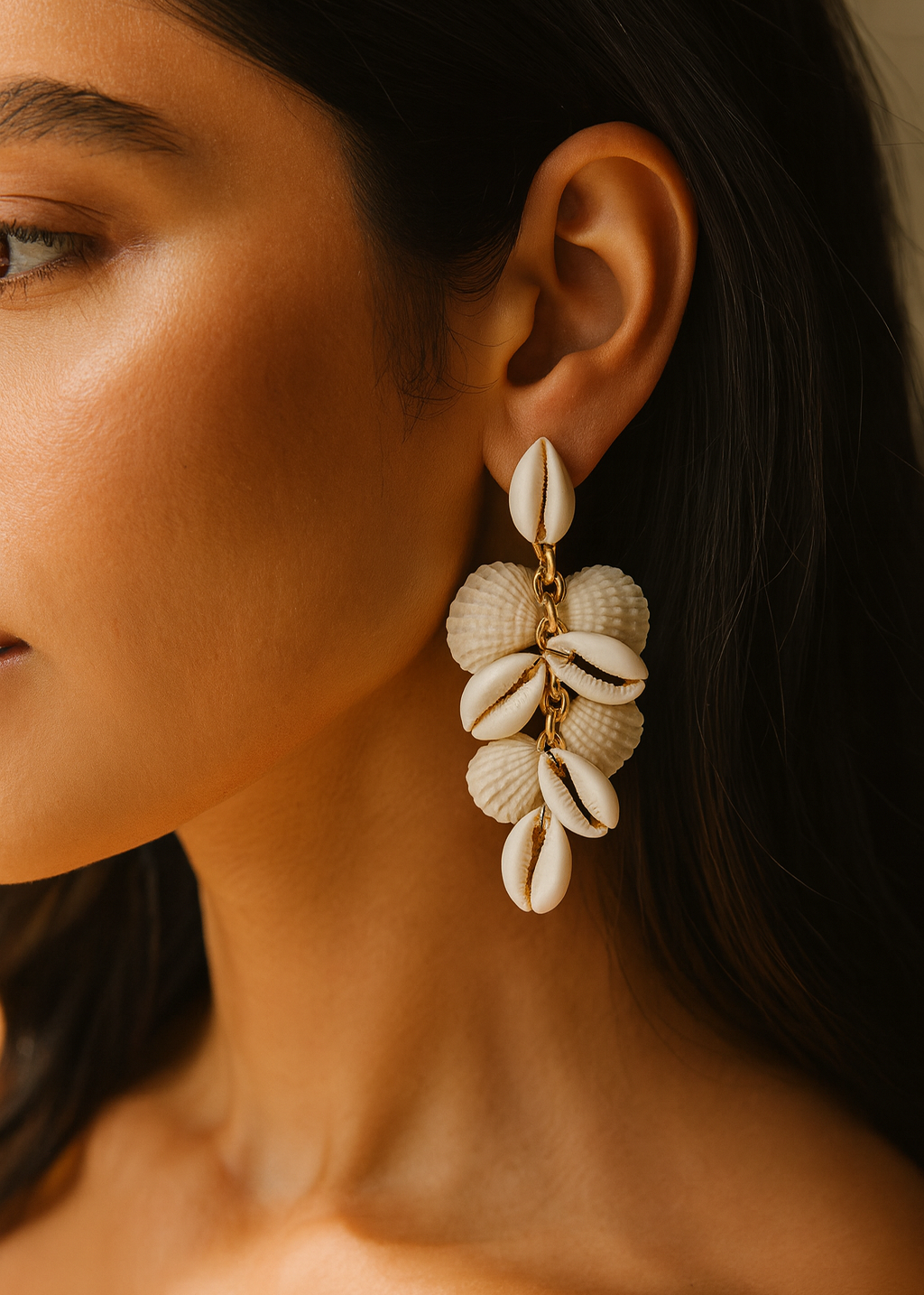 Close-up of a woman wearing shell earrings with a neutral background