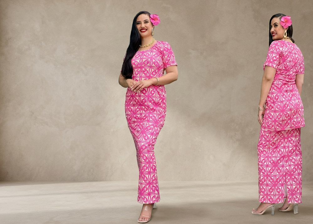 Woman wearing a pink patterned outfit against a neutral background