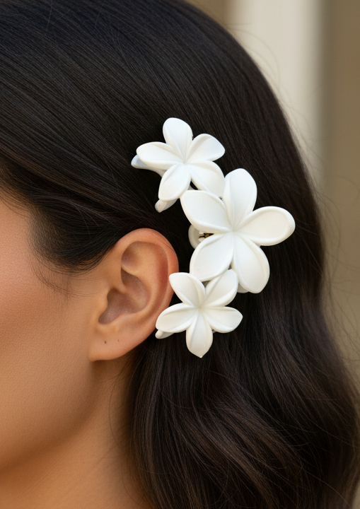 Woman with dark hair wearing a white floral hair accessory against a neutral background