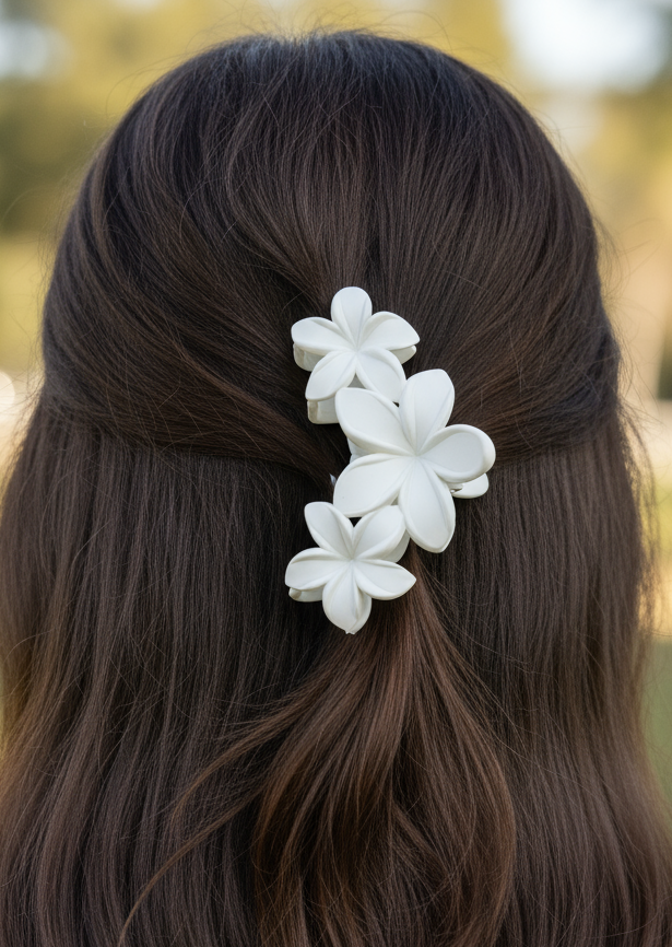 Person with long dark hair wearing a white floral hair clip outdoors.
