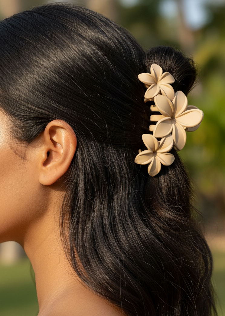Woman with dark hair styled in an updo with a floral hair accessory, outdoors.