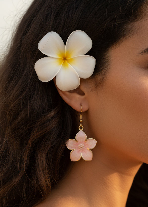 Flower-shaped earrings with gold accents on a white background