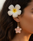 Flower-shaped earrings with gold accents on a white background